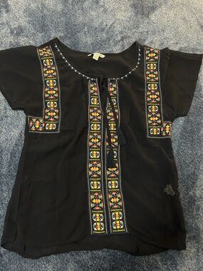 American Eagle Outfitters Black Embroidered Tie-Neck Peasant Top